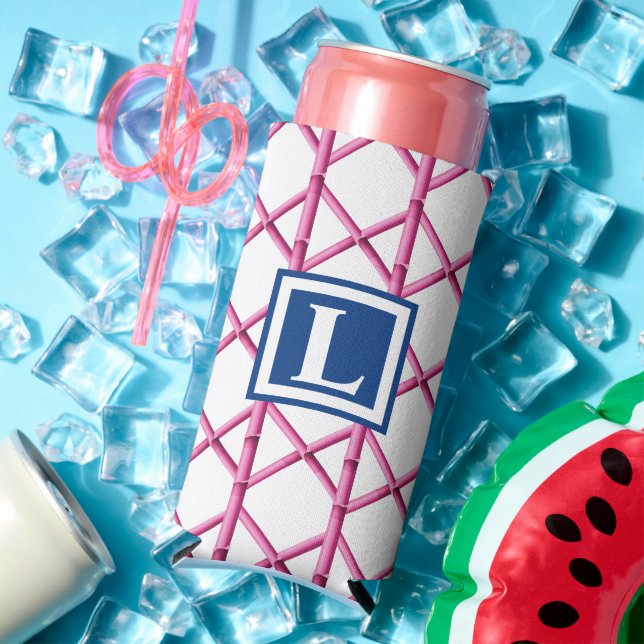 Preppy Pink Navy Trellis Bamboo Pattern Monogram Seltzer Can Cooler (In Situ Summer)