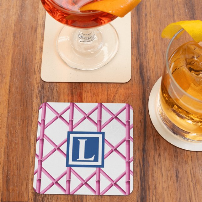 Preppy Pink Navy Trellis Bamboo Pattern Monogram Square Paper Coaster (Creator Uploaded)