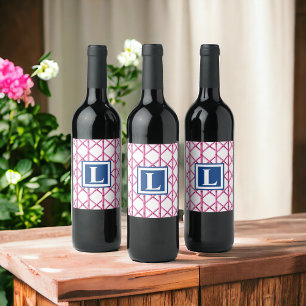 Preppy Pink Navy Trellis Bamboo Pattern Monogram Wine Label