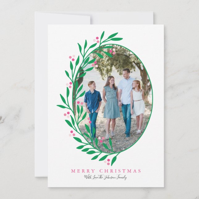 Preppy Pink Oval Christmas Wreath Holiday Photo (Front)