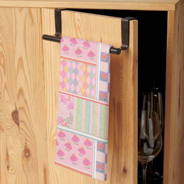 Preppy pink patchwork tea towel (Thirds Fold)