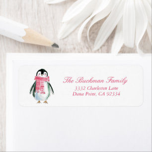 Preppy Pink Penguin Elegant Christmas Address