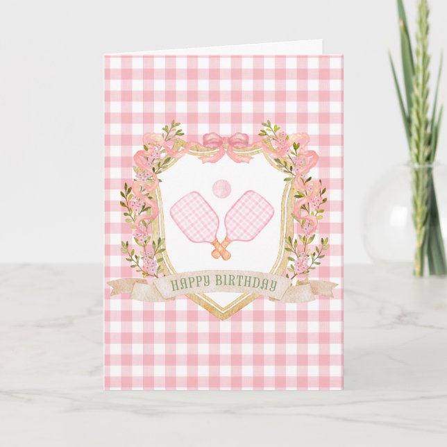Preppy Pink Pickleball Happy Birthday Card (Front)