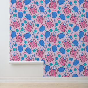 Preppy Pink Pickleball Paddle & Ball Pattern Wallpaper