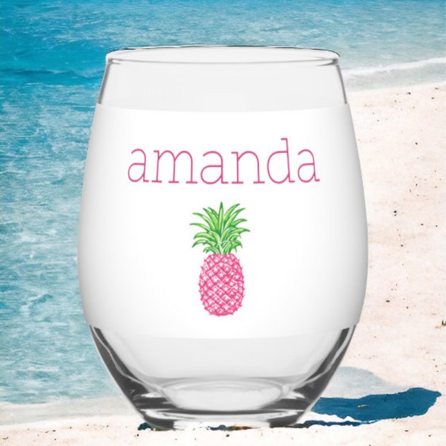 Preppy Pink Pineaaple Personalised  Stemless Wine Glass (Creator Uploaded)