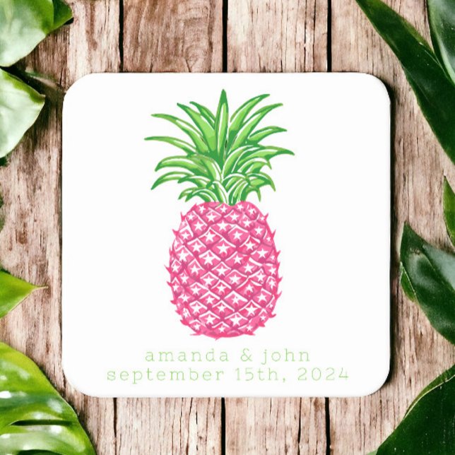 Preppy Pink Pineapple Stars Personalised Wedding  Square Paper Coaster (Creator Uploaded)