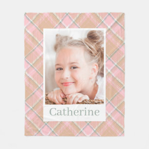 Preppy Pink Plaid Pattern Personalised Girl Photo Fleece Blanket