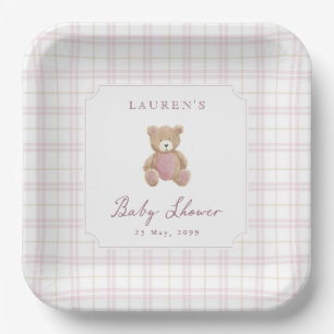 Preppy Pink Plaid Teddy Bear Baby Shower Paper Pla Plate