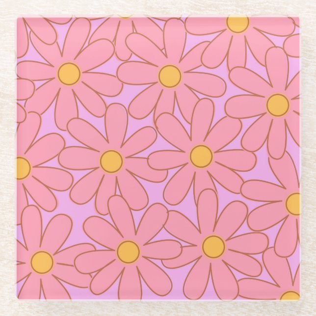 Preppy Pink Purple Floral Simple Flower Pattern Glass Coaster (Front)