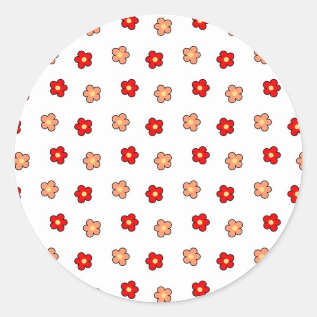 Preppy Pink Red Flower Pattern White Background Classic Round Sticker (Front)
