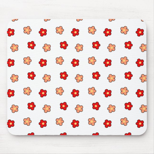 Preppy Pink Red Flower Pattern White Background Mouse Mat (Front)