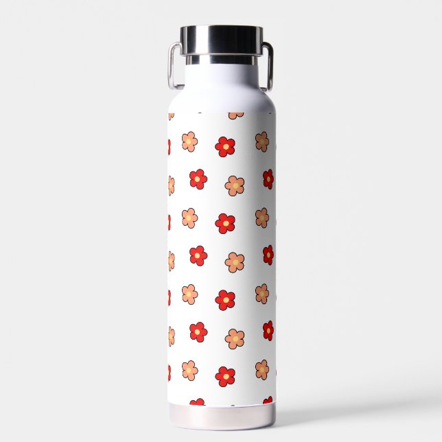 Preppy Pink Red Flower Pattern White Background Water Bottle (Front)