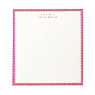Preppy Pink Red Gingham Plaid Personalised Name Notepad
