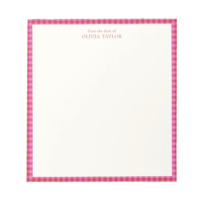 Preppy Pink Red Gingham Plaid Personalised Name Notepad (Front)