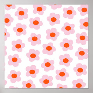 Preppy Pink Red Hippie Flower Pattern Poster