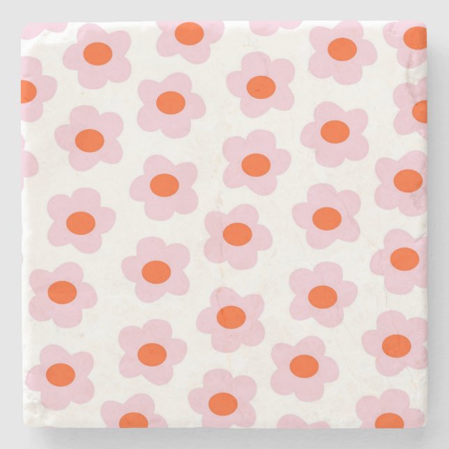 Preppy Pink Red Hippie Flower Pattern Stone Coaster (Front)