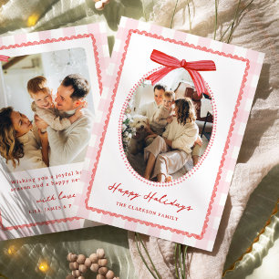 Preppy Pink & Red Whimsical Bow Holiday Card