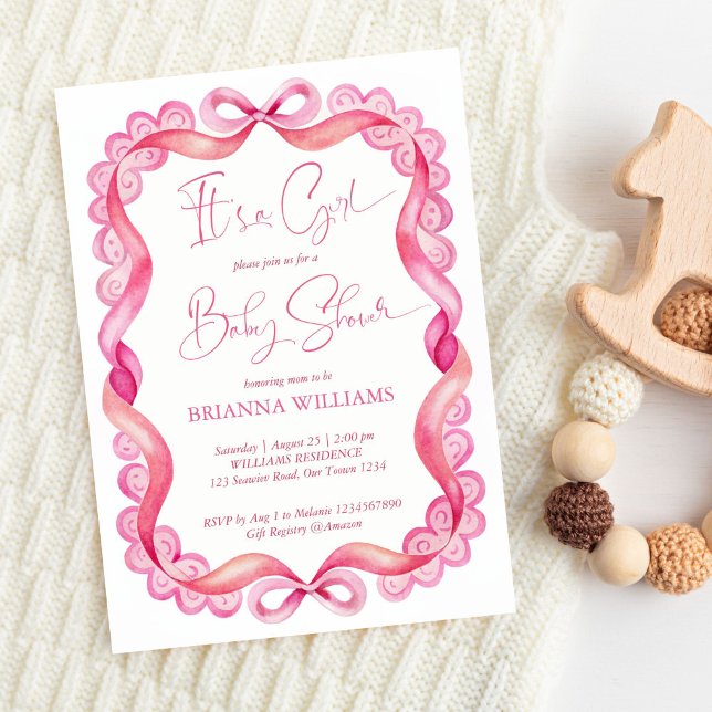 Preppy pink ribbon lace girls baby shower invitation (Preppy cute pink wavy ribbon vintage lace girls baby shower invitation template instant download)