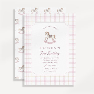 Preppy Pink Rocking Horse First Birthday Invitation