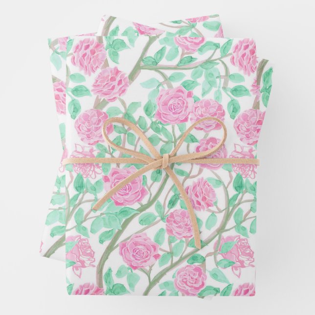 Preppy Pink Rose Garden Wrapping Paper Sheet (In situ)