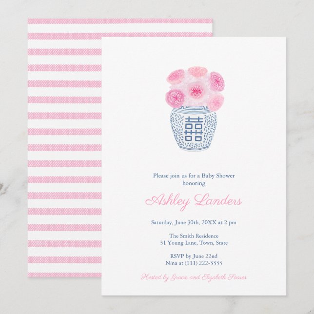 Preppy Pink Roses Ginger Jar Girl Baby Shower Invi Invitation (Front/Back)