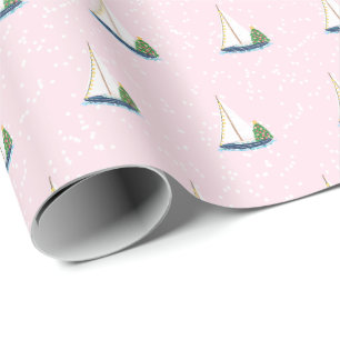 Preppy Pink Sailboat Christmas Tree Wrapping Paper