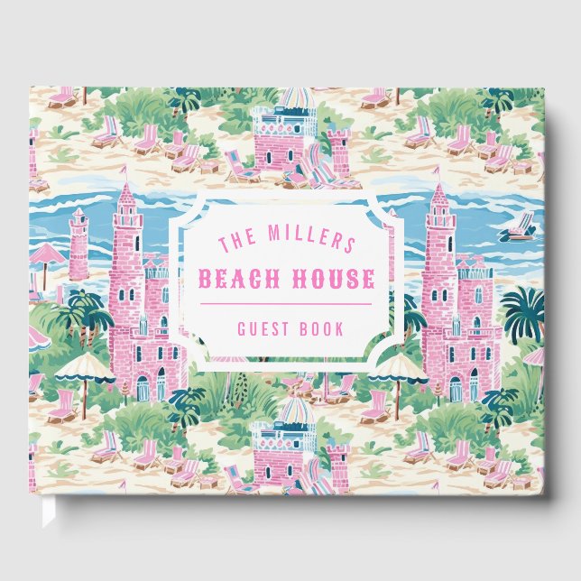 Preppy Pink Sand Castle | Beach House Guest Book (Front)