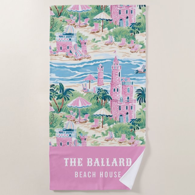 Preppy Pink Sand Castle | Beach House Towel (Front)