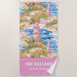 Preppy Pink Sand Castle on a Hill   Beach House Beach Towel