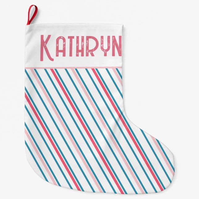 Preppy Pink Stripe Girls Large Christmas Stocking (Front)