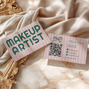 Preppy Pink Stripe Green Makeup Artist QR Code Business Card