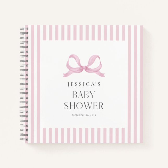 Preppy Pink Striped Bow Baby Shower Guest Book (Front)