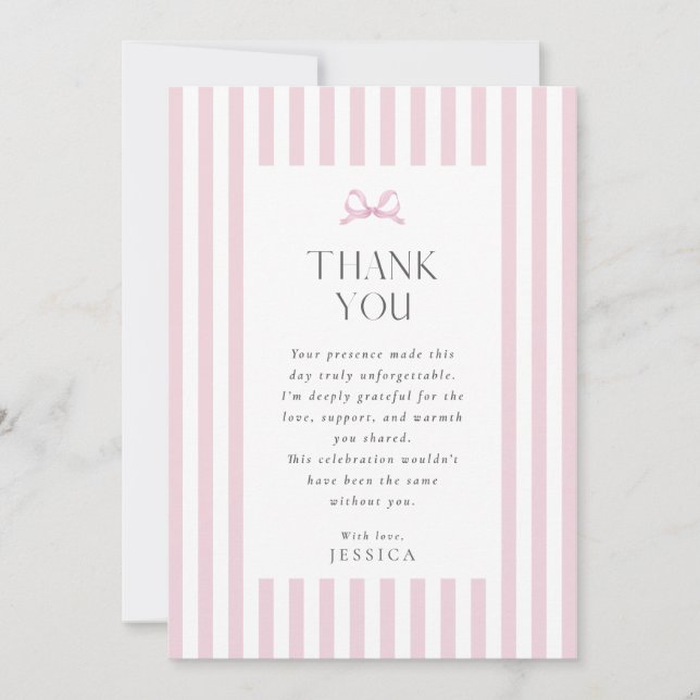 Preppy Pink Striped Bow Baby Shower Thank You Card (Front)