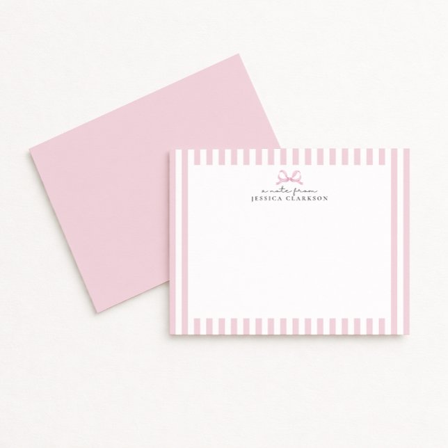 Preppy Pink Striped Bow Personalised Note Cards (Creator Uploaded)