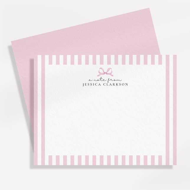 Preppy Pink Striped Bow Personalised Note Cards (Creator Uploaded)