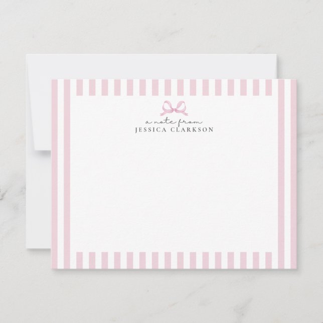 Preppy Pink Striped Bow Personalised Note Cards (Front)