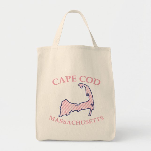 Preppy Pink Striped Cape Cod Silhouette Grocery Tote Bag (Front)