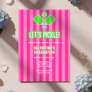 Preppy Pink Striped Green Pickleball Graduation Invitation