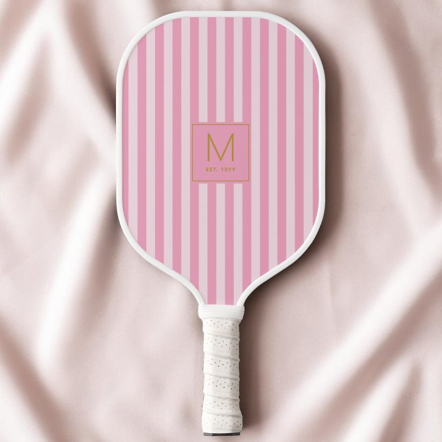 Preppy Pink Striped Modern Gold Initial Monogram Pickleball Paddle (Preppy Pink Striped Modern Gold Initial Monogram Pickleball Paddle)