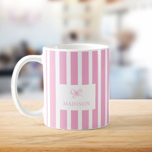 Preppy Pink Stripes & Bow Custom Name Coffee Mug