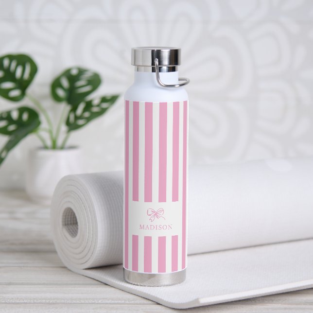 Preppy Pink Stripes & Bow Custom Name Water Bottle (Yoga)