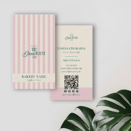 Preppy Pink Stripes Green Bakery Logo QR Code  Business Card