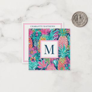 Preppy Pink Teal Navy Blue Pineapple Monogram Card