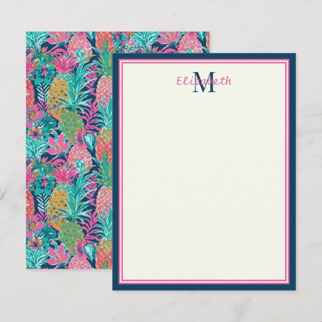Preppy Pink Teal Navy Blue Pineapple Monogram Card (Front/Back)