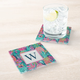 Preppy Pink Teal Navy Blue Pineapple Monogram Glass Coaster