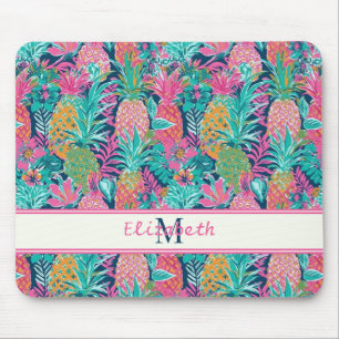 Preppy Pink Teal Navy Blue Pineapple Monogram Mouse Mat