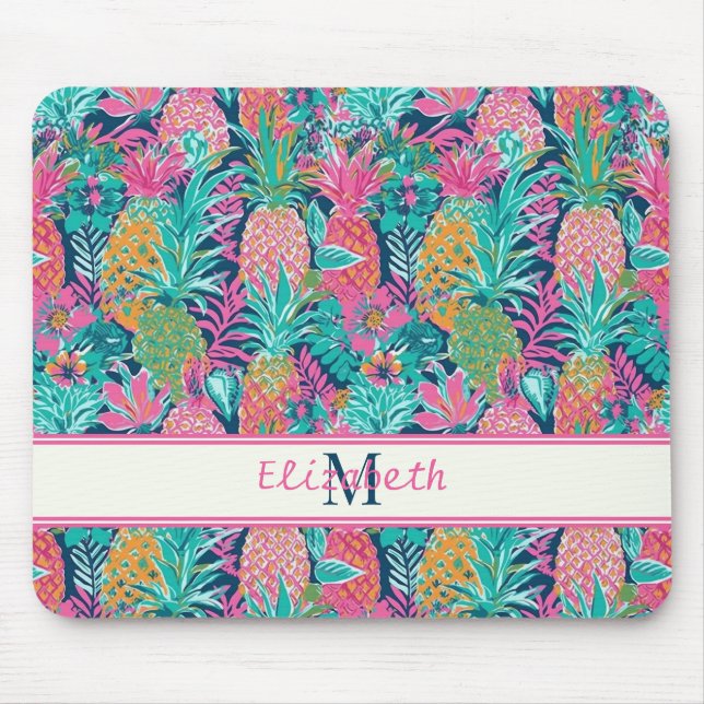 Preppy Pink Teal Navy Blue Pineapple Monogram Mouse Mat (Front)