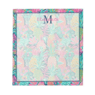 Preppy Pink Teal Navy Blue Pineapple Monogram Notepad
