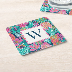 Preppy Pink Teal Navy Blue Pineapple Monogram Square Paper Coaster