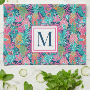 Preppy Pink Teal Navy Blue Pineapple Monogram Tea Towel